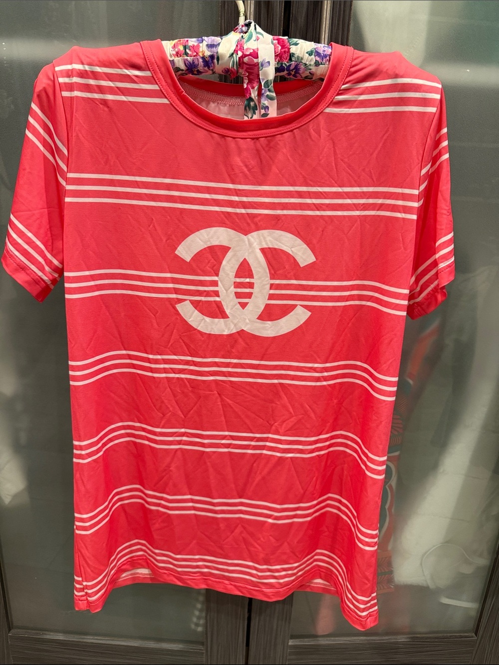 Striped Coral Tee with White Logo